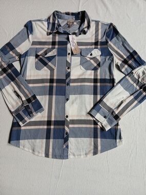 Como Vintage Plaid Button Up Shirt Womens Large Blue Blush Pink Flannel CST928TS